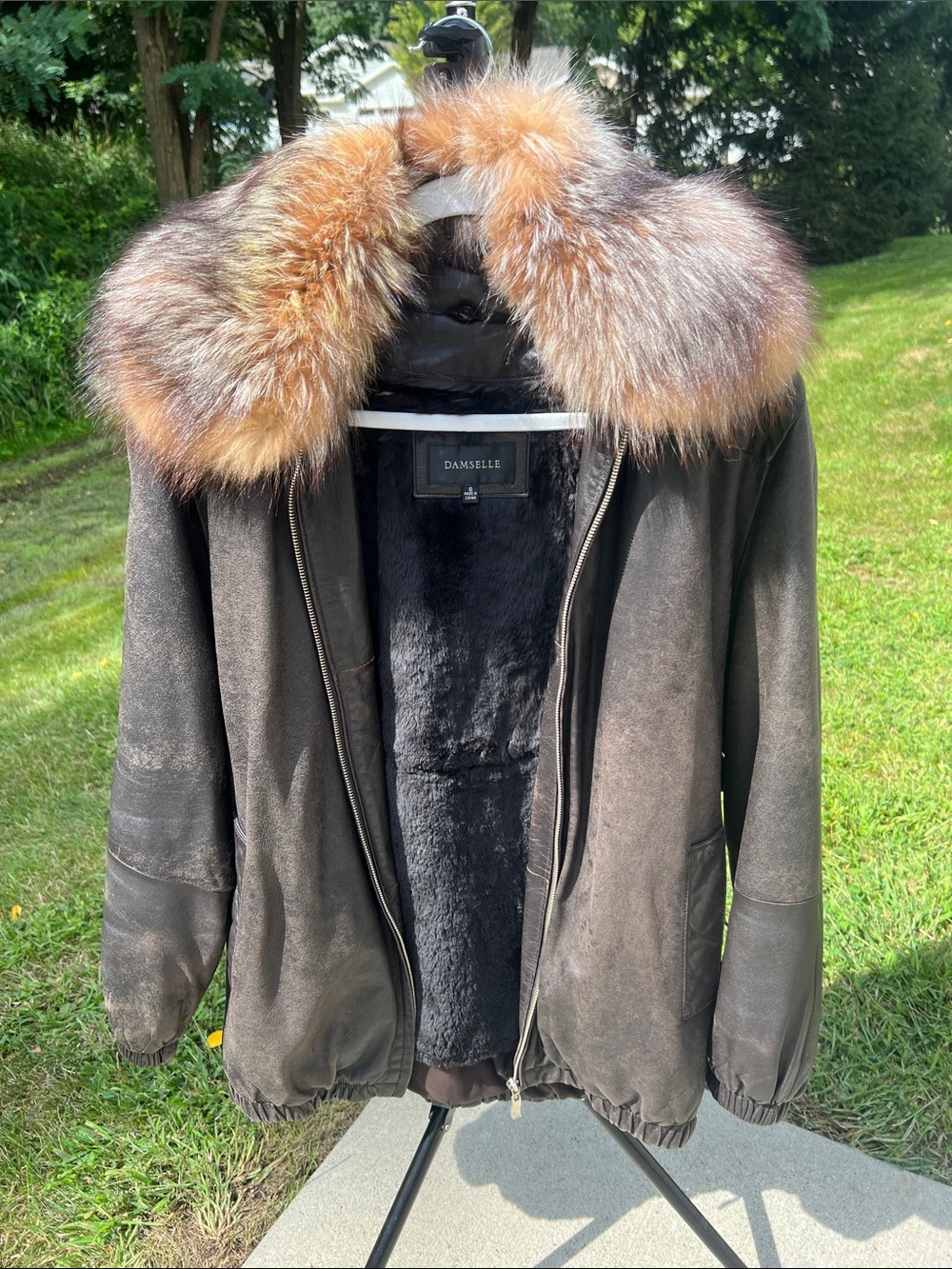 Vintage Rich Brown Leather Bomber Jacket Removable Plush Fox Fur Collar & Lining